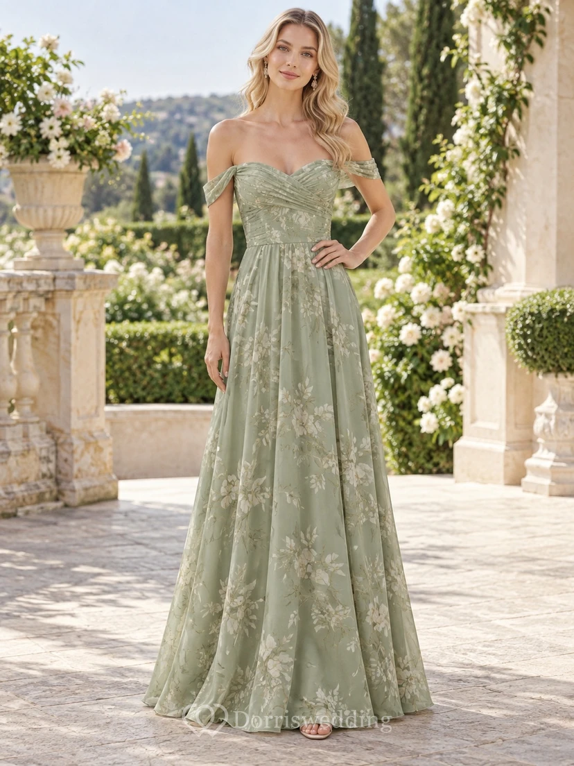 Vestido de dama de honor de gasa de corte A, largo hasta el suelo, con mangas cortas y estampado floral verde salvia.