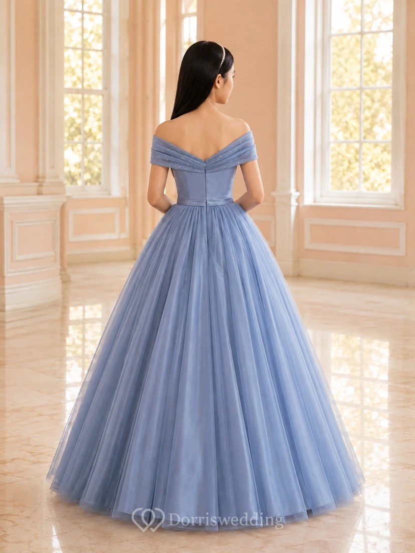Stahlblaues Junior-Brautjungfernkleid, Ballkleid, schulterfrei, kurze Ärmel, Tüllrock view 2