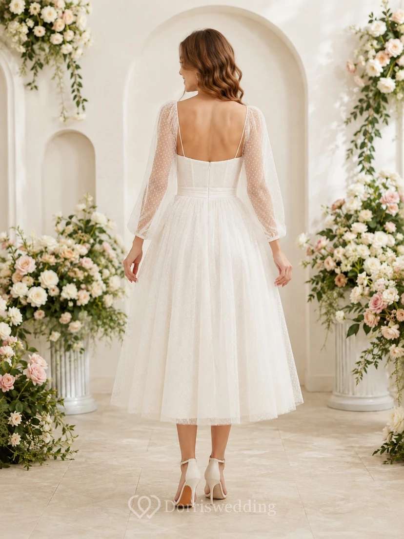 Lässiges, romantisches Brautkleid aus Tüll mit Herzausschnitt, langen Ärmeln und Illusionsausschnitt in A-Linie und Teelänge view 2