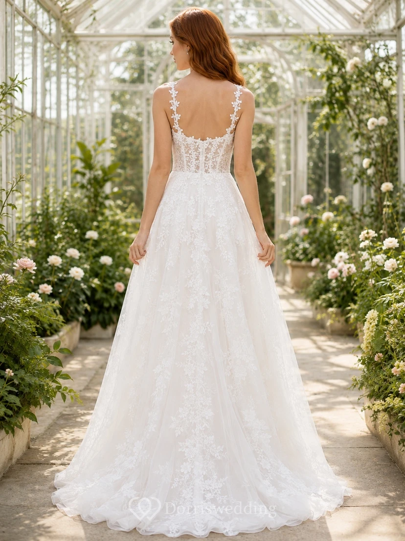 Romantic Lace A-Line Sweetheart Spaghetti Strap Split Wedding Dress view 2