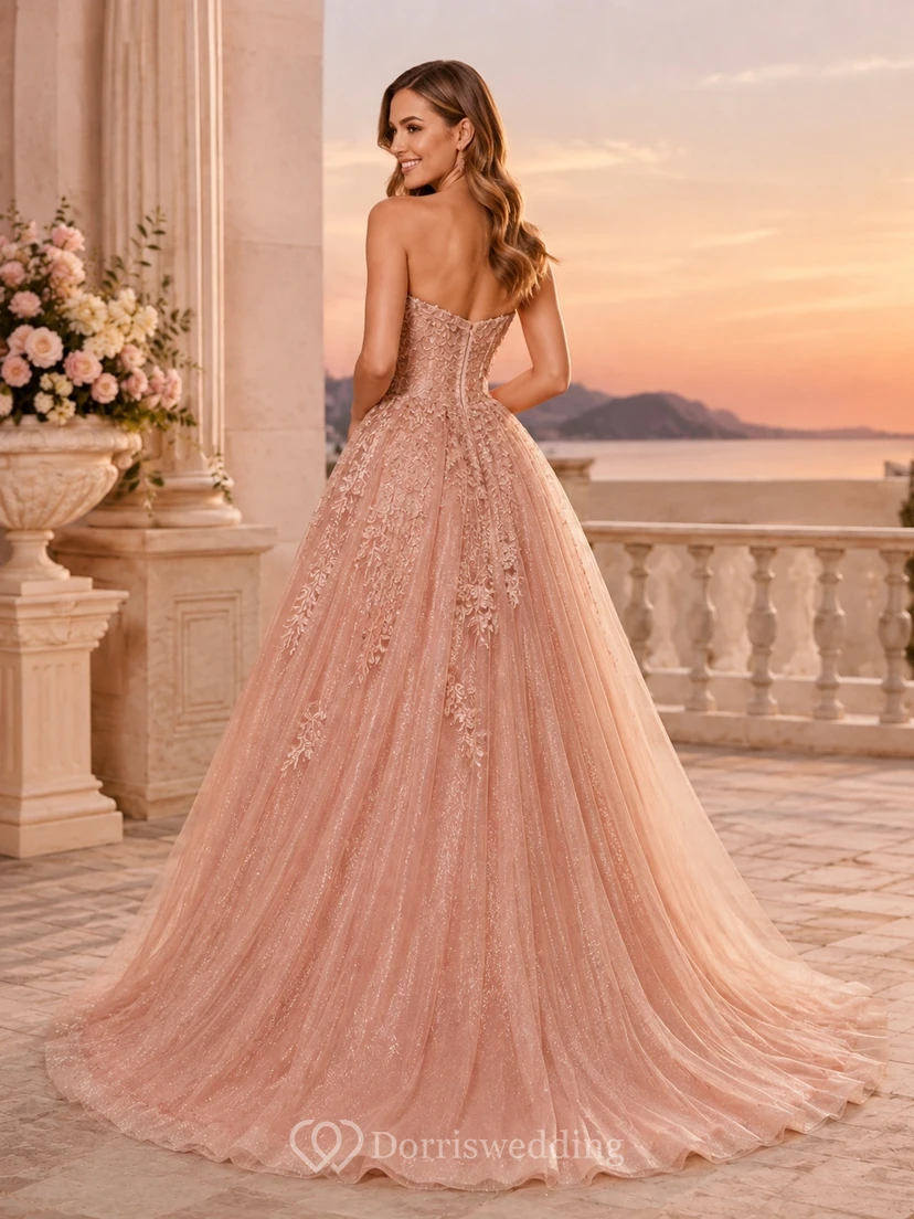 Dusty Rose Prom Ball Gown Glitter Tulle Strapless Applique Sweep Train Luxury view 2