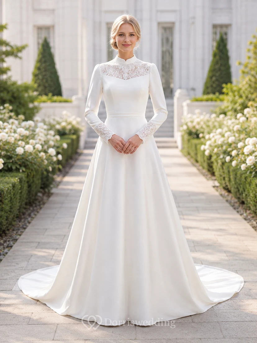 Vestido de novia modesto de cuello alto y manga larga estilo Temple Garden