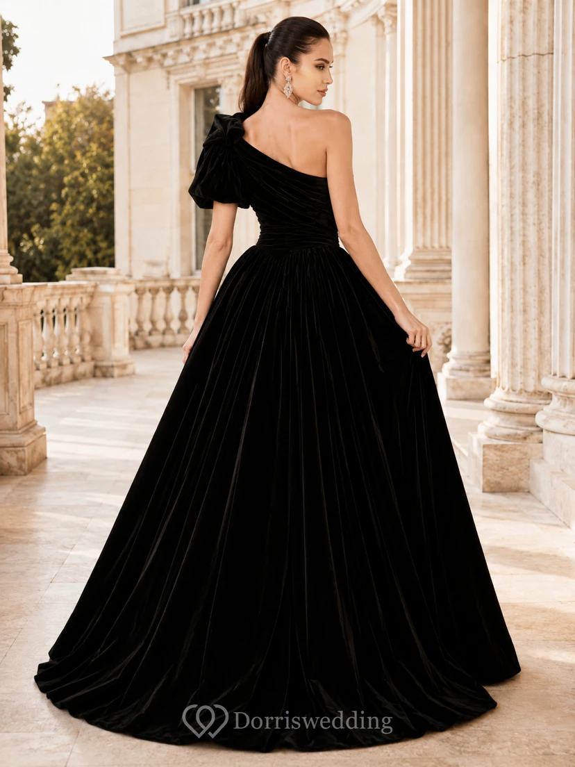 Luxury Black One-Shoulder Floral-Bow Velvet Ball-Gown Floor-Length Formal Evening Dress view 2
