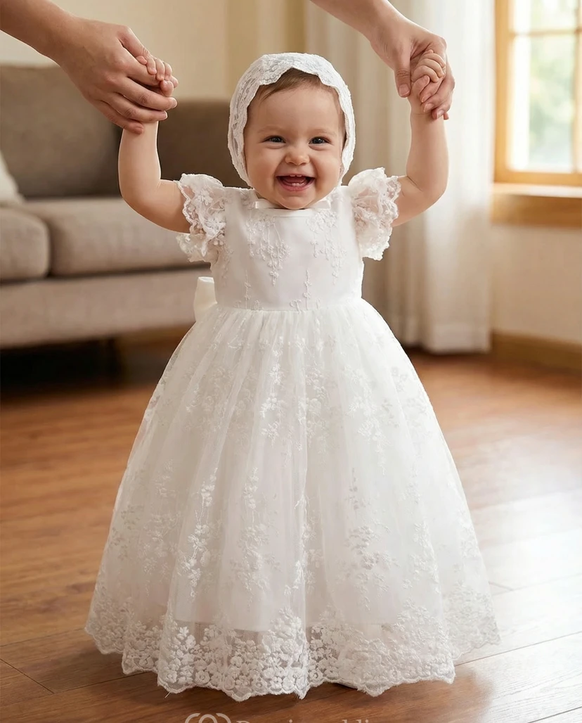 Weißes Taufkleid für Blumenmädchen mit Rüschenärmeln und besticktem Tüll