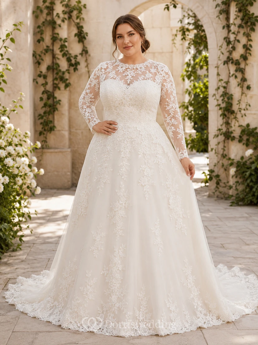 Lace Wedding Dress Mermaid V-Neck Long Sleeve Chapel Train Bridal Gown