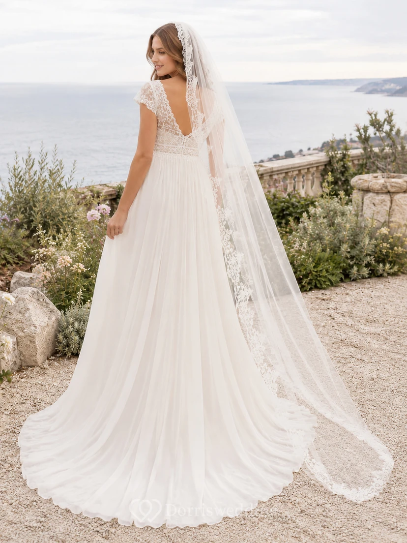 Vestido de novia de maternidad con mangas cortas y escote en V con velo para bodas en destinos exóticos view 2