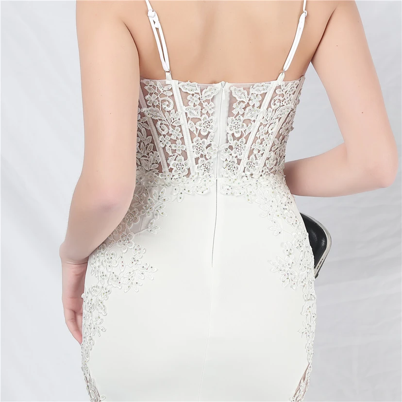 Spitzen-Abendkleid mit heißer Diamant- und Fischgrätenmuster-Weste, tiefem Taillenausschnitt, schulterfreiem Design und kurzer Schleppe view 88