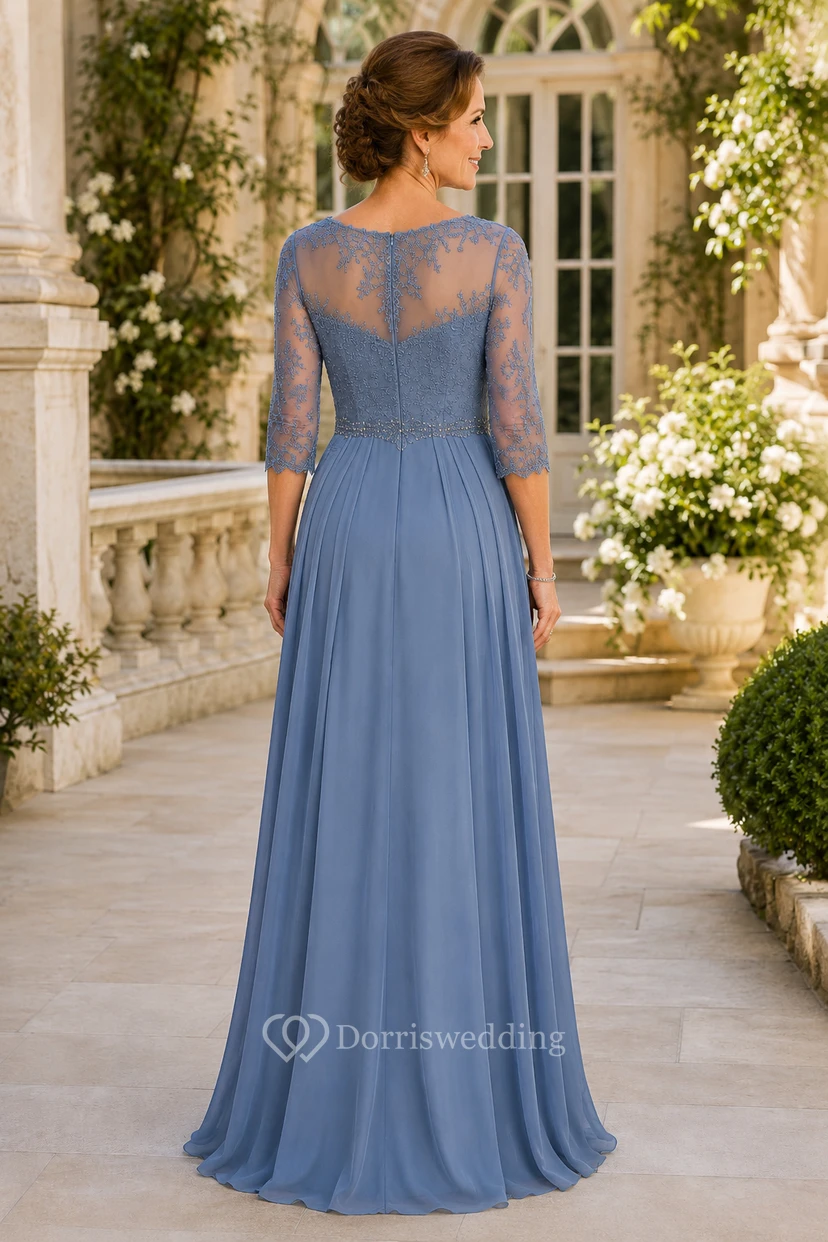 Stahlblaues A-Linien-Kleid aus Chiffon mit Spitze und Illusionseffekt für Mütter view 2