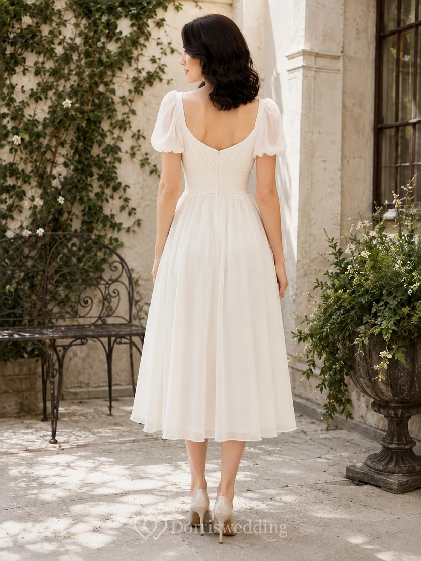 Tulle Sweetheart Short Sleeve A-line Tea-length Elopement Dress view 2