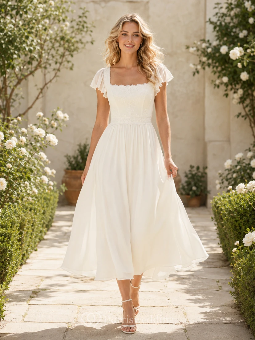 Robe de mariée vintage en dentelle et tulle, coupe trapèze, col en V, sans manches, longueur midi, dos nu plongeant.
