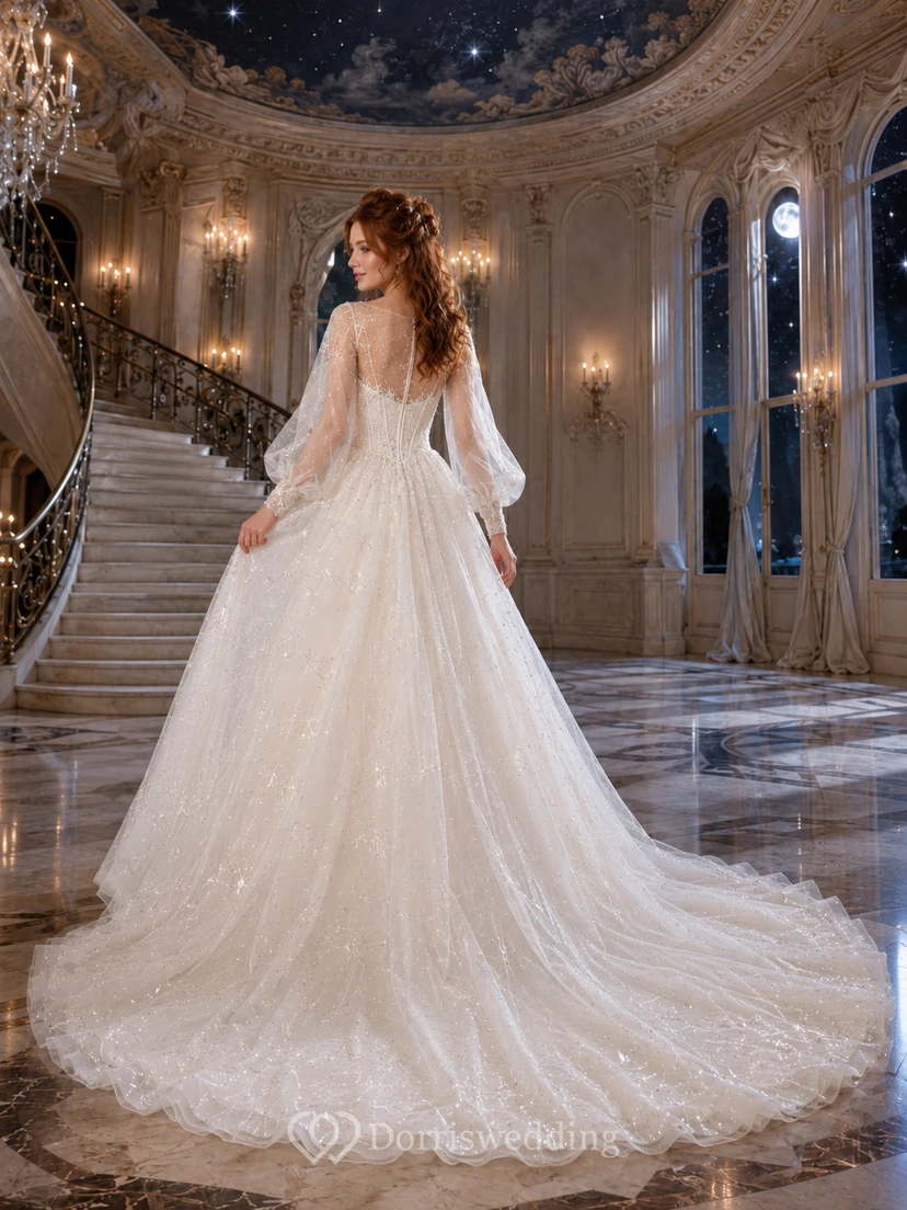 Puff Sleeve Celestial Tulle Ball Gown Bridal Dress view 2