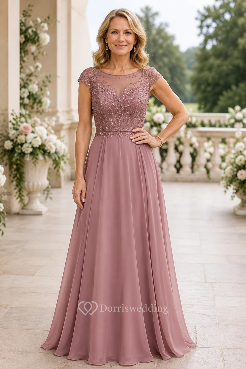 MOB-Kleid aus altrosafarbenem Chiffon mit Spitze, A-Linie, kurzen Ärmeln, Rundhalsausschnitt, bodenlang