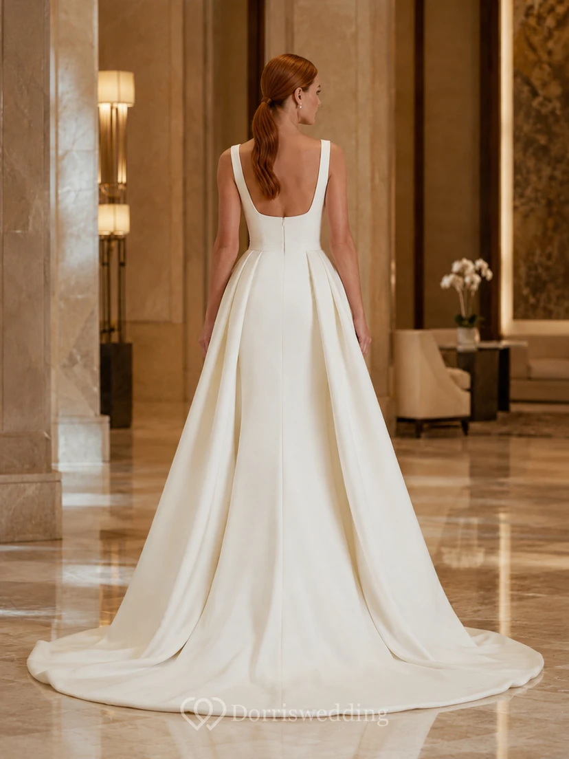 Robe de mariée en satin de plage, fourreau, bretelles fines, traîne et fente view 2