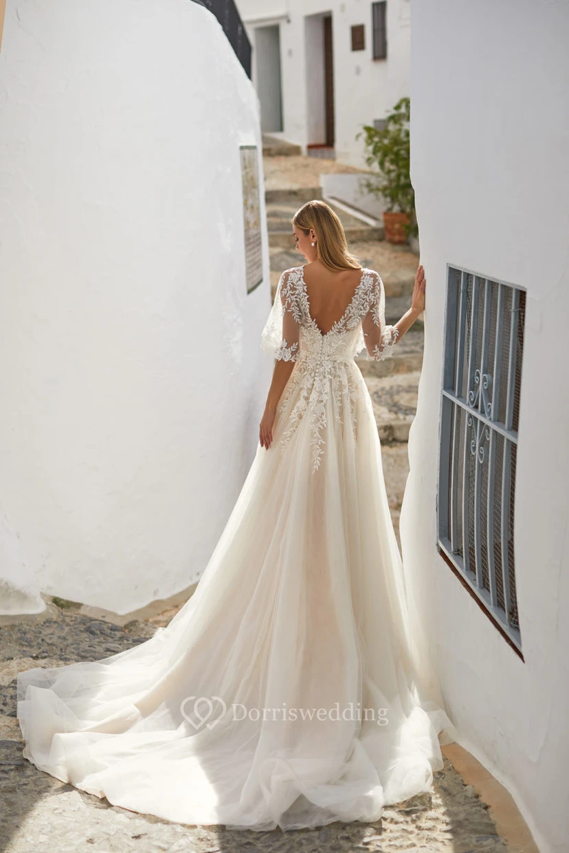 Fließendes Brautkleid aus Tüll im Empire-Stil mit V-Ausschnitt, halben Ärmeln und A-Linien-Schnitt view 2
