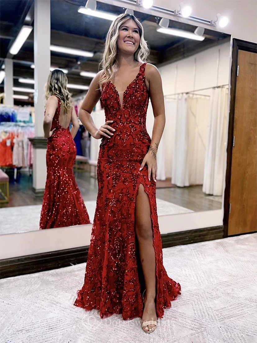 Sleeveless V-neck Dark Blue Front Split Beaded Prom Dress with Sequin view 3