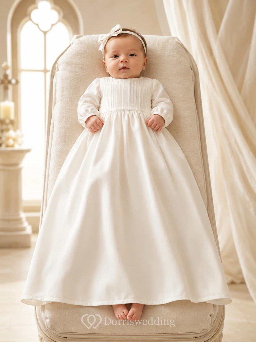 Minimalistisches, schlichtes Taufkleid für Babys und Kinder: A-Linie, bodenlang, mit Rundhalsausschnitt, langen Ärmeln, Satin, Knopfleiste am Rücken