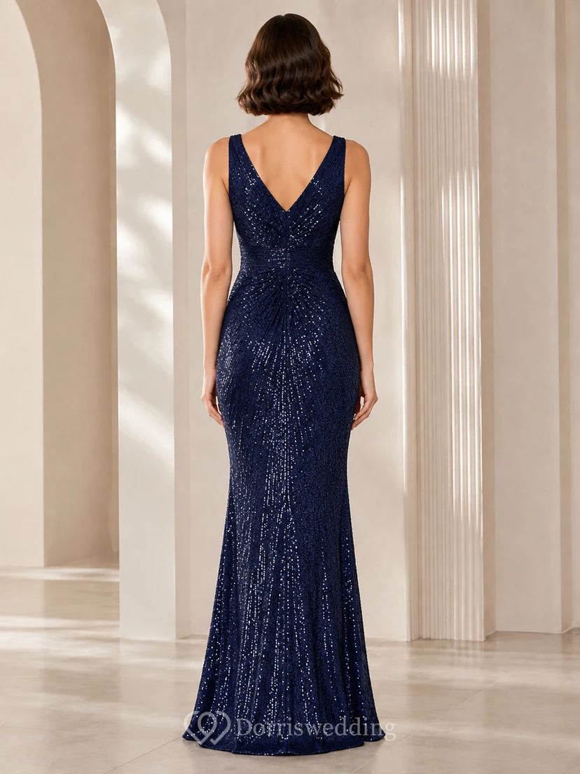 Dark Navy V Neck Sequin Mermaid Evening Dress view 2
