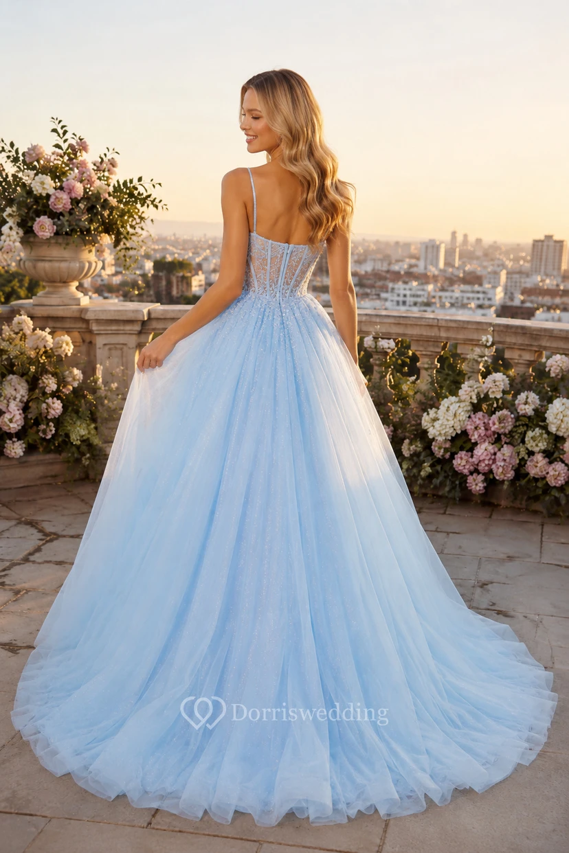 Sky Blue Tulle Ball Gown Prom Dress with Sweetheart Bodice and Full Skirt view 2