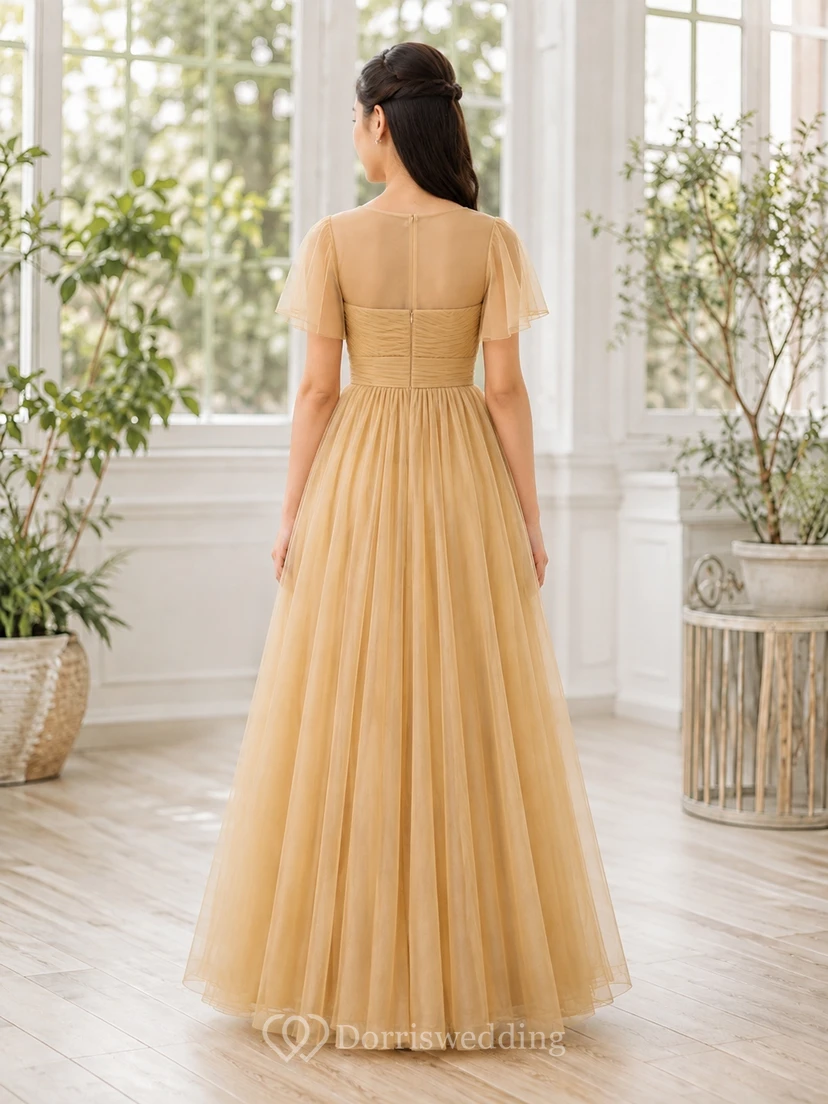 Goldenes Brautjungfernkleid für junge Mädchen, A-Linie, eckig, kurze Ärmel, plissiert, romantisch view 2