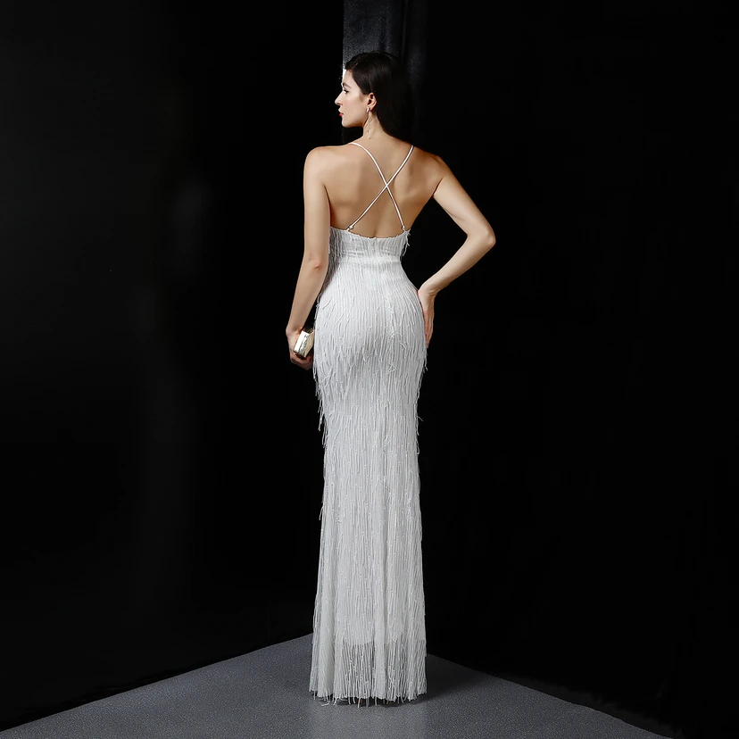 Vestido de noche elegante con borla de hilo de seda de poliéster y lentejuelas estilo cola de pez para banquetes, reuniones y eventos. Ideal para anfitriones. Modelo de coche. Otoño. view 6