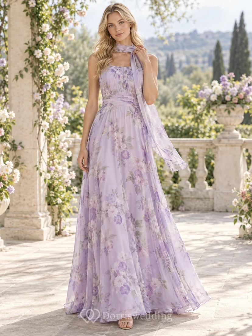 Lilac Floral Print Halter Scarf-Neck Pleated Floor-Length Chiffon Bridesmaid Dress