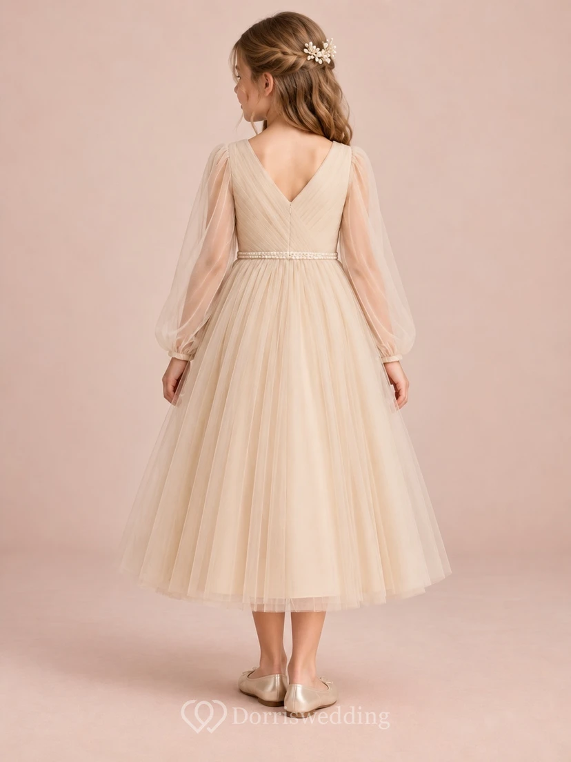 Long Sleeve Champagne V-neck Pleated A-Line Tea-length Tulle Pearl Waist Illusion Flowergirl Dress view 2