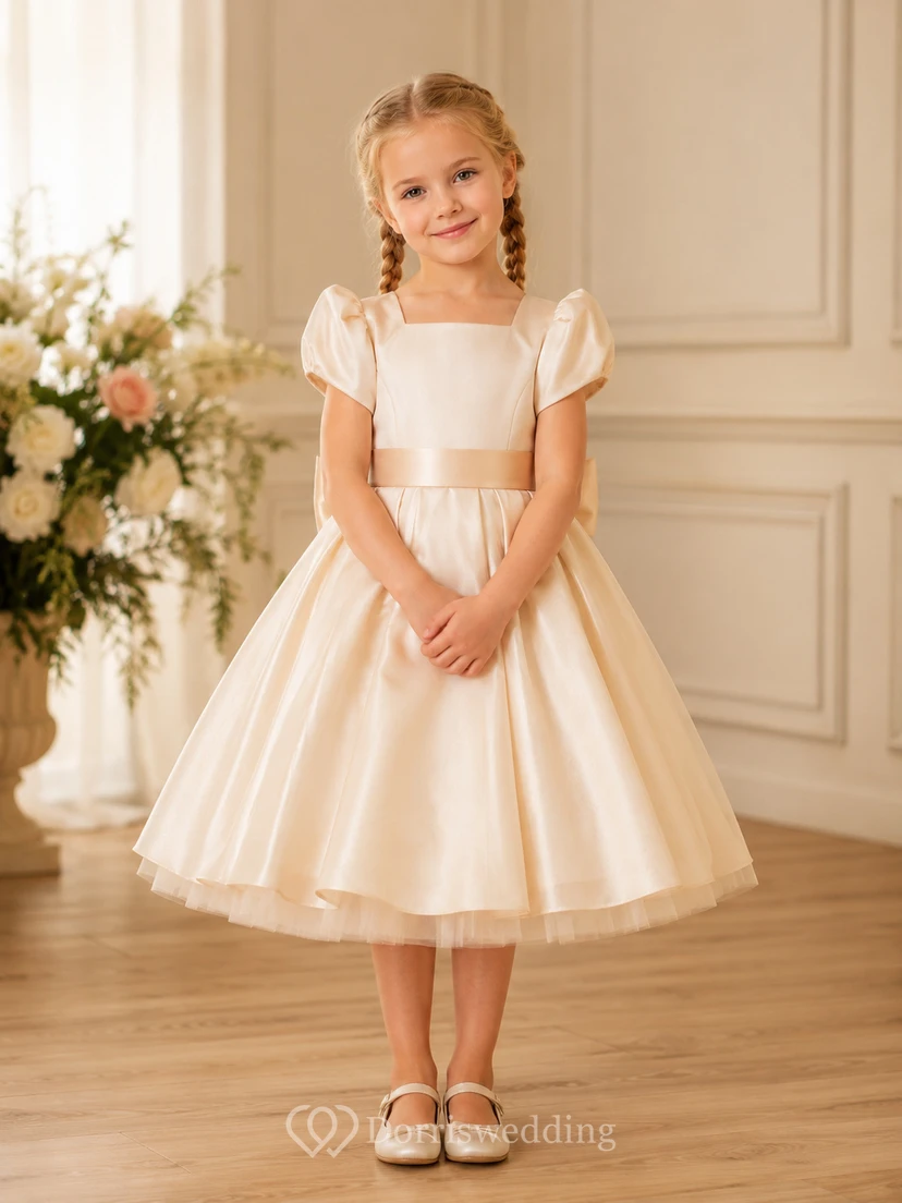 Bow Back Tulle A-Line Flower Girl Dress with Jewel Neck and Tea-Length Skirt