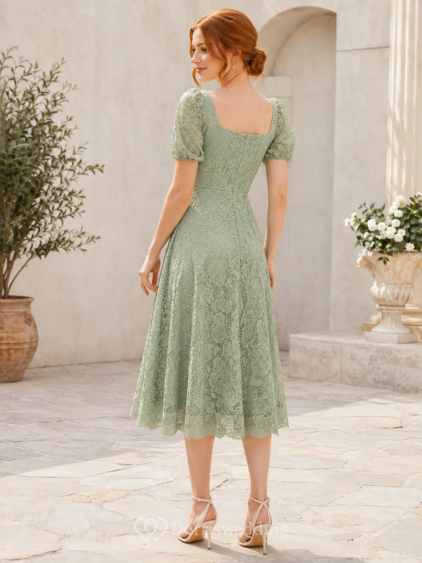 Vestido de invitada largo midi de encaje floral, cuello cuadrado, mangas abullonadas, cintura natural, corte entallado y falda acampanada, bajo festoneado. view 2