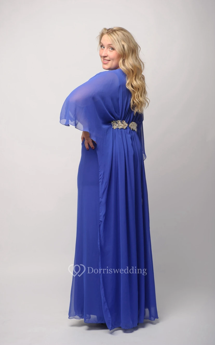 Etuikleid, bodenlang, mit langen Ärmeln, Empire-Stil, Chiffon, Falten, Perlenstickerei und Reißverschluss view 3
