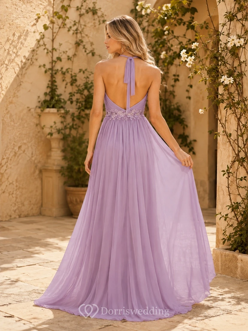 Sexy Lavender Chiffon A-Line Floor-Length Halter Sleeveless Evening Dress view 2