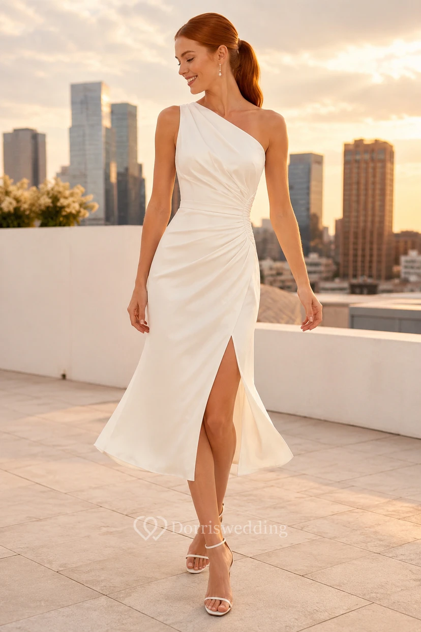 Robe de mariée asymétrique en satin froncé, longueur thé, avec fente sur le devant