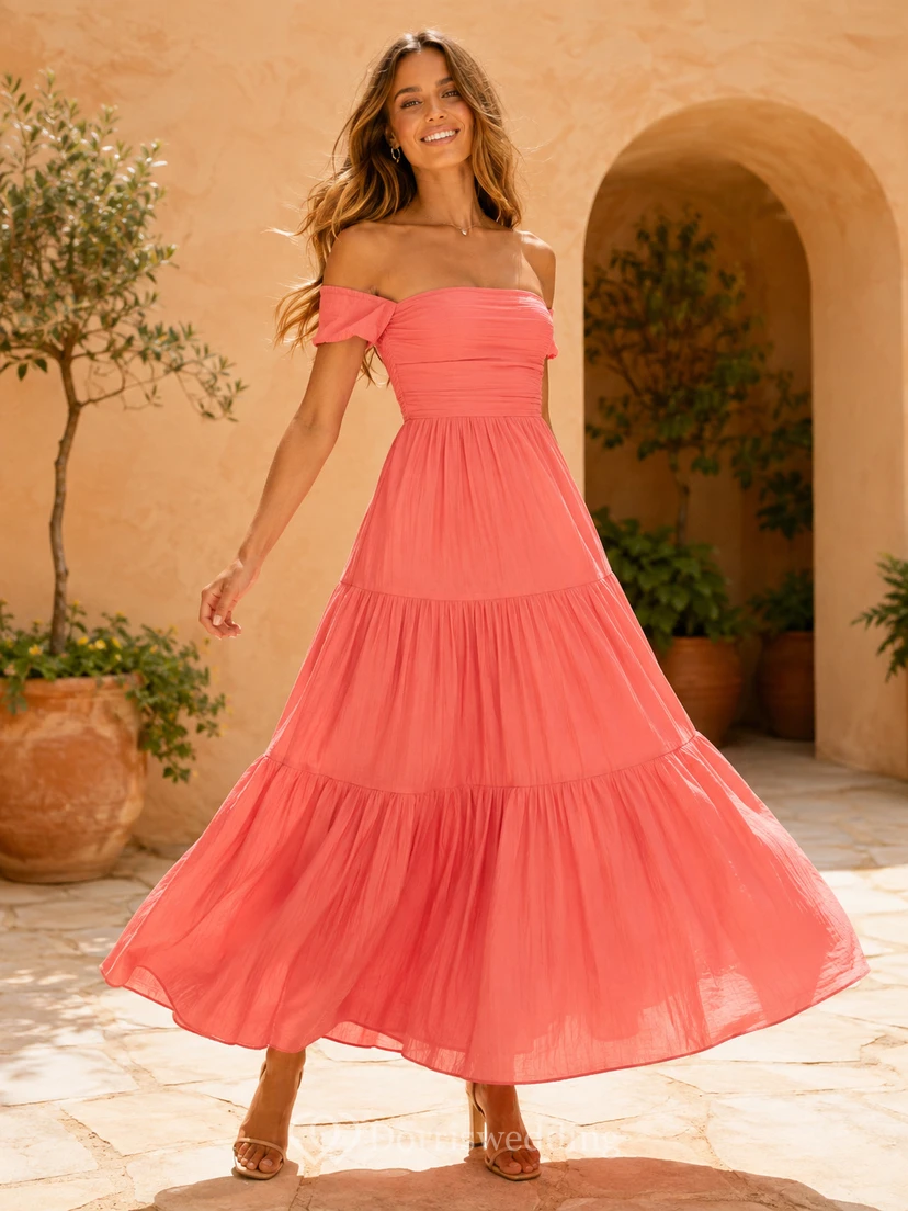 Korallenfarbenes, schulterfreies, gestuftes Chiffon-Kleid in A-Linie, knöchellang, ideal für Gartengäste, lässig