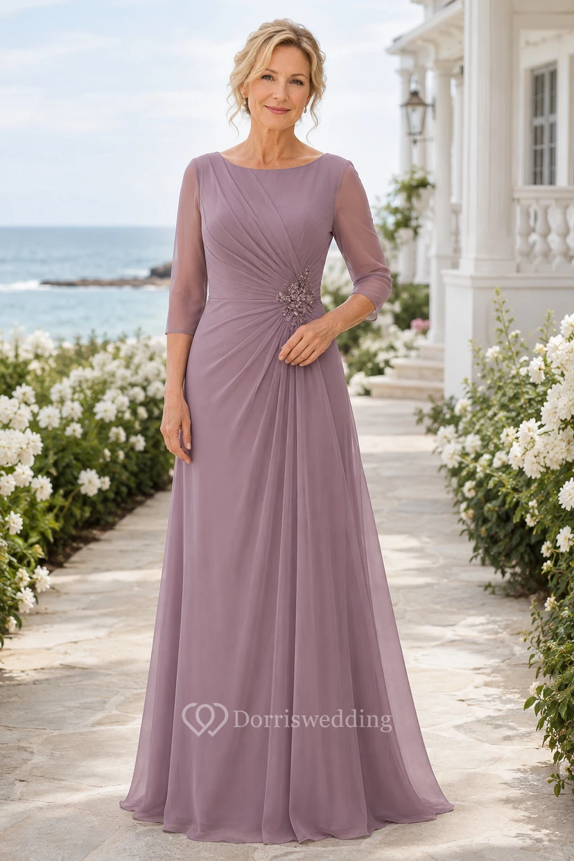 Mutterkleid aus altrosafarbenem Chiffon mit Bateau-A-Linie
