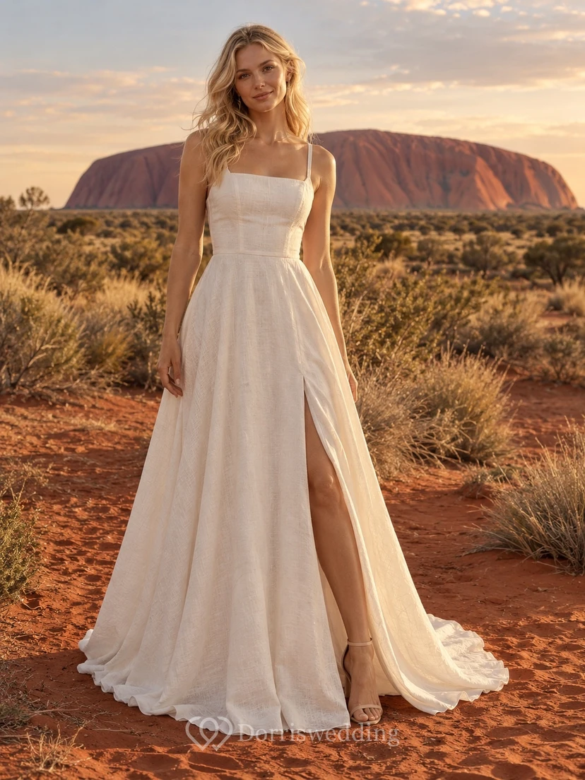 Einfaches, eckiges Brautkleid mit Trägern, A-Linien-Schnitt und bodenlangem Schnitt