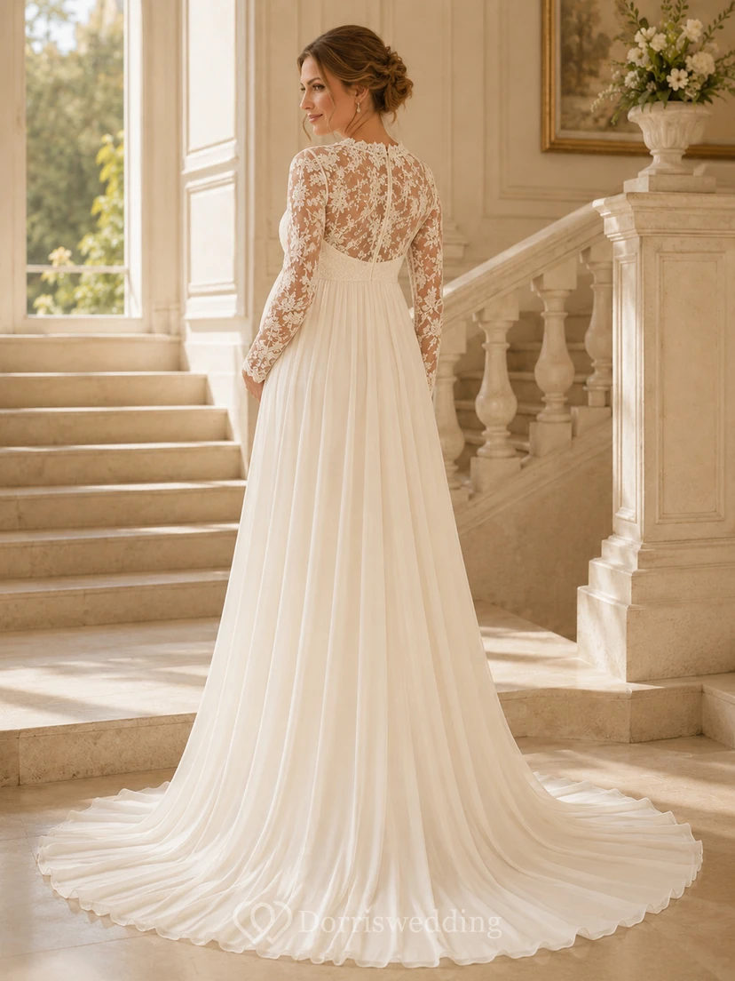 Modest Maternity Lace Wedding A Line High Neck Long Sleeves Court Train view 2