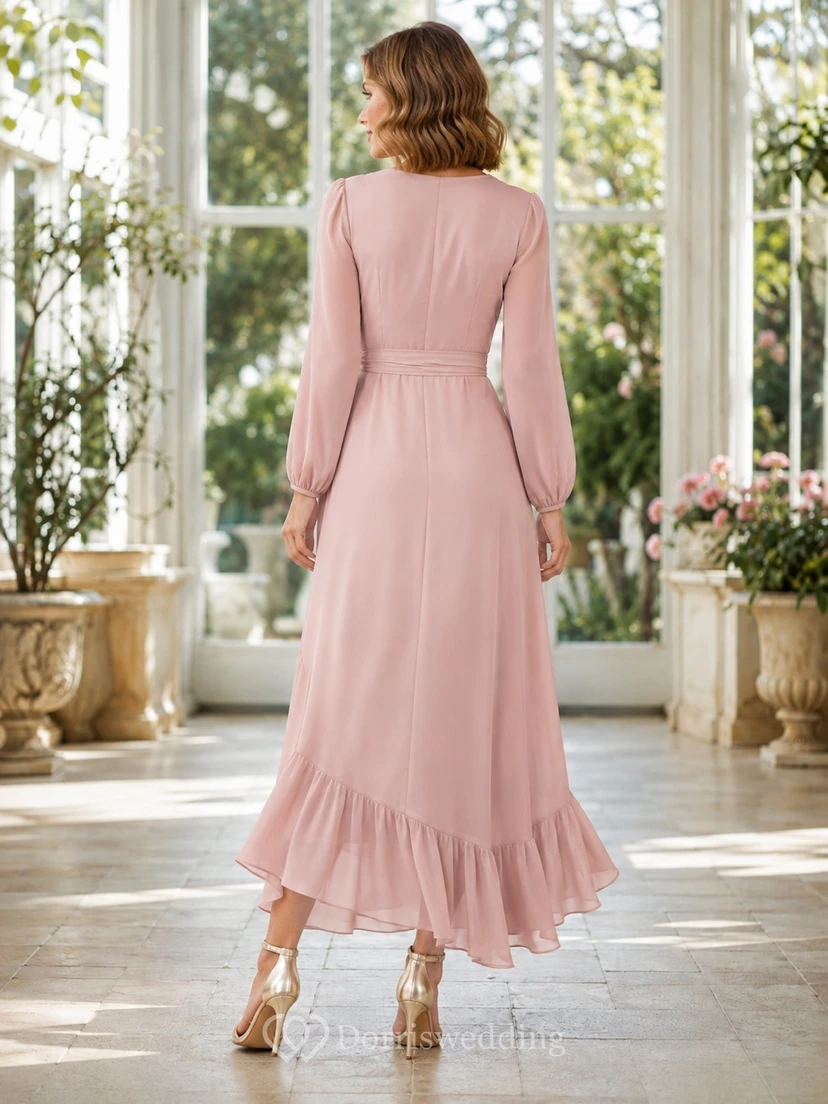 Dusty Rose Chiffon V-neck Poet Sleeve Ruffled Floor-length Ceremony Dress view 2