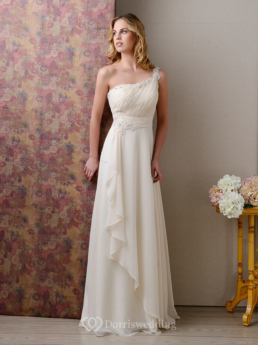 Ruched Bodice One-Shoulder Chiffon Wedding Dress With Beadings And Side Draping