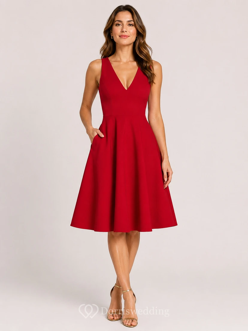 A-Line Knee-Length V-Neck Satin Wedding Guest Dress with Pockets