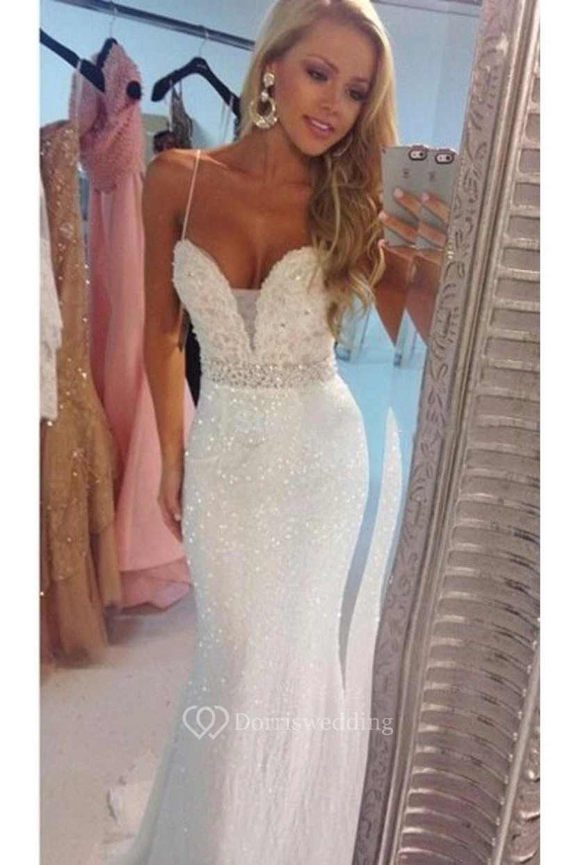 Zartes Meerjungfrauen-Brautkleid mit Pailletten und Perlenstickerei, Spaghettiträgern