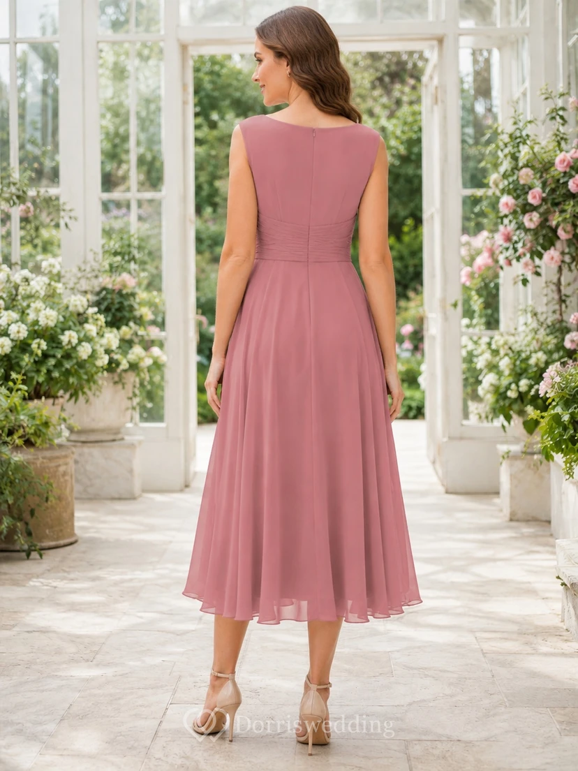 Vestido sencillo de invitada de boda, sin mangas, de gasa, corte A, largo hasta la rodilla, color rosa empolvado, con escote barco y estilo barco. view 2