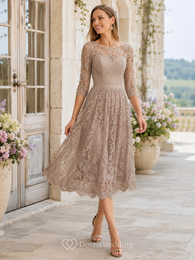 Taupe Jewel Neck Three Quarter Lace A Line Guest Dress