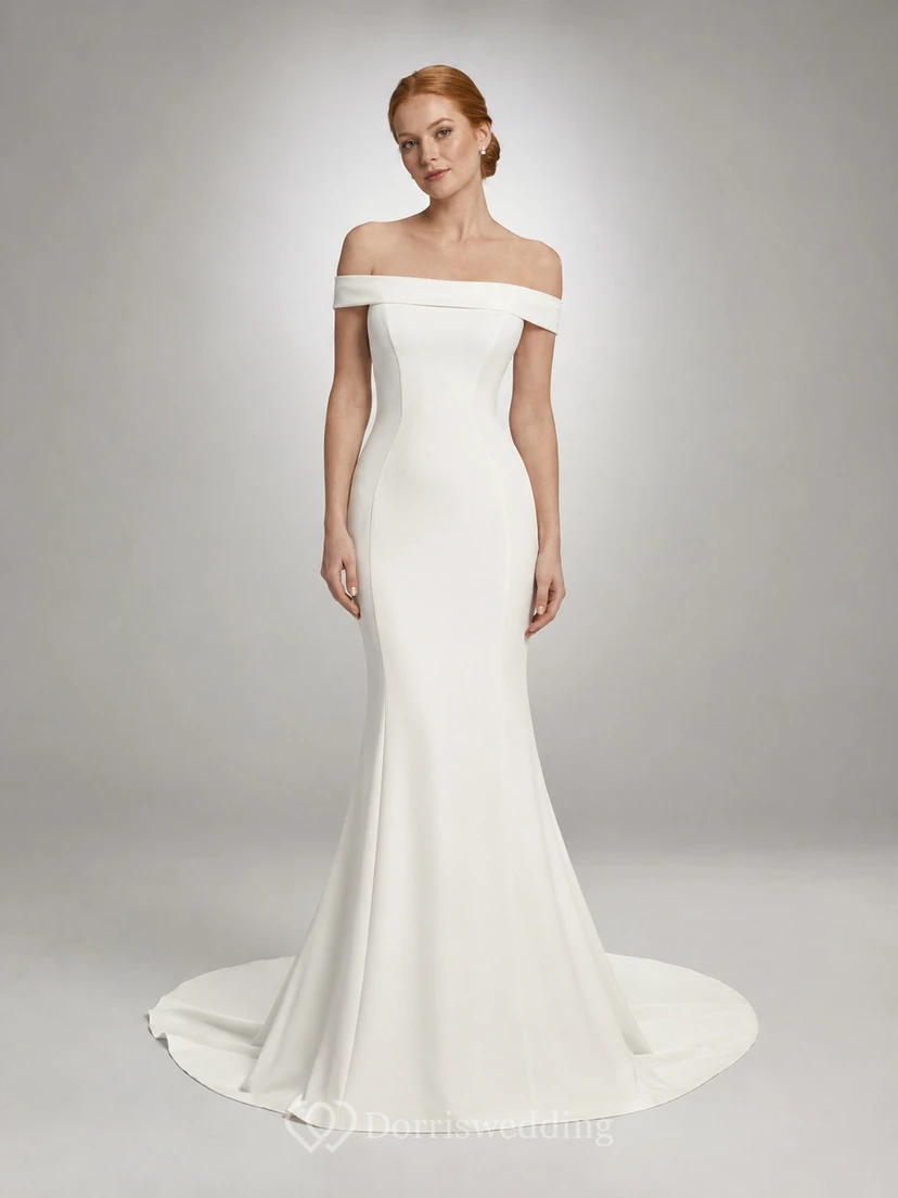 Simple off shoulder bridal sheath gown with sweep train