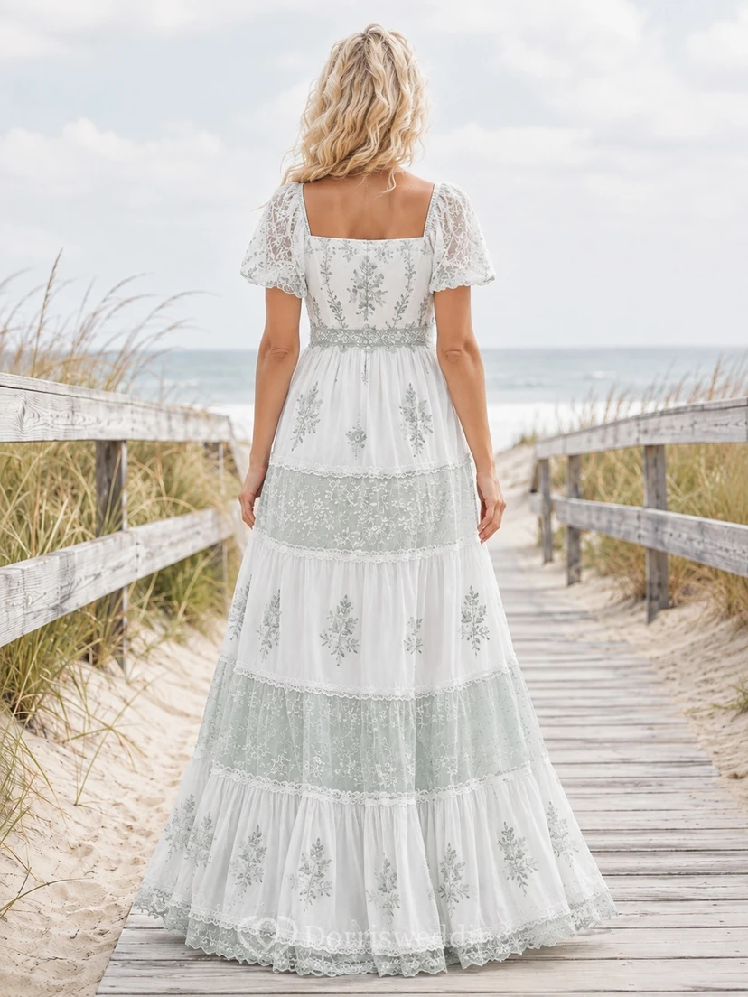 Celadonfarbenes, gestuftes, knöchellanges Brautkleid im Boho-Stil mit Blumenmuster und kurzen Ärmeln view 2