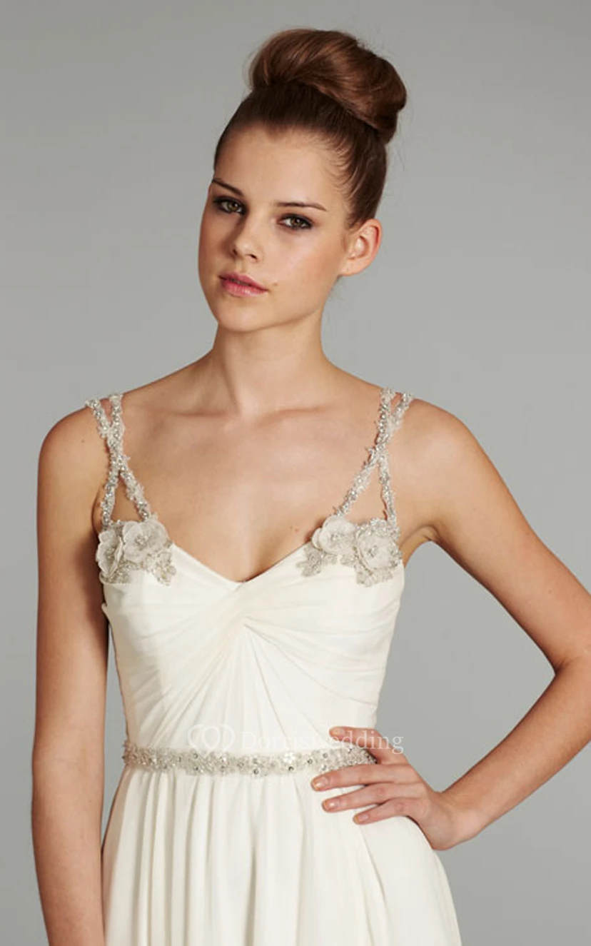 Delicate Sleeveless Draped Bodice Long Gown With Floral Beaded Straps view 6