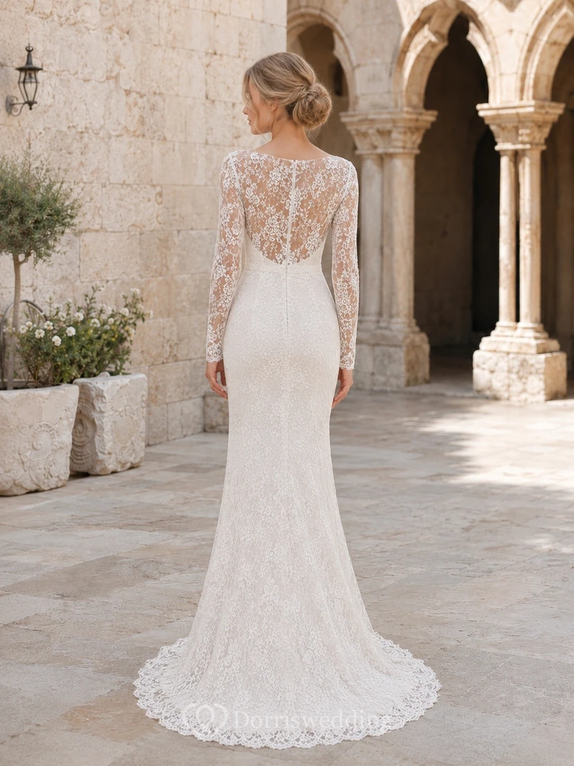 Vestido de novia de encaje estilo sirena, estilo barco, de manga larga, para fugas románticas. view 2