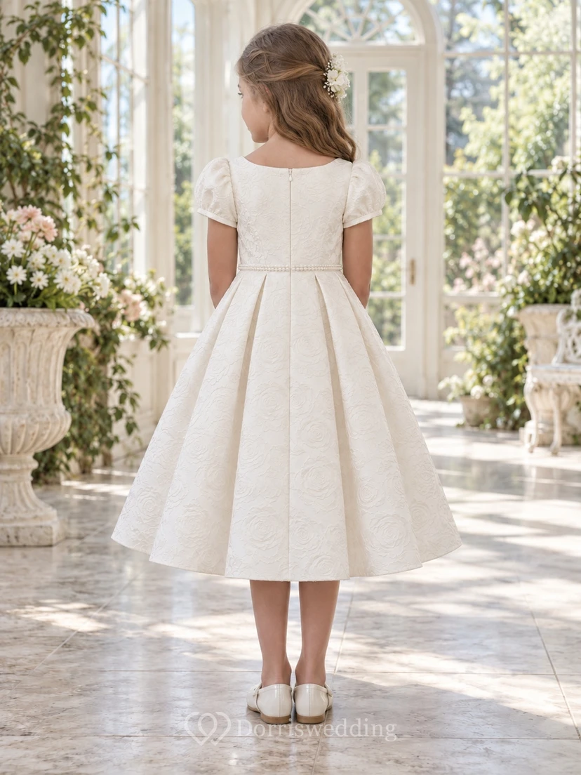 Tea-length Vintage Ivory A-line Floral Textured Short-sleeve Pleated Flower Girl Dress view 2