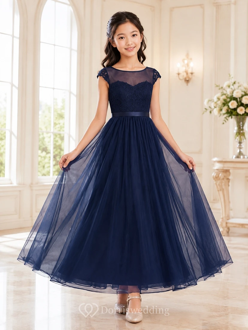 Dark Navy Junior Bridesmaid Dress A-Line Jewel Short Sleeves Tulle Skirt