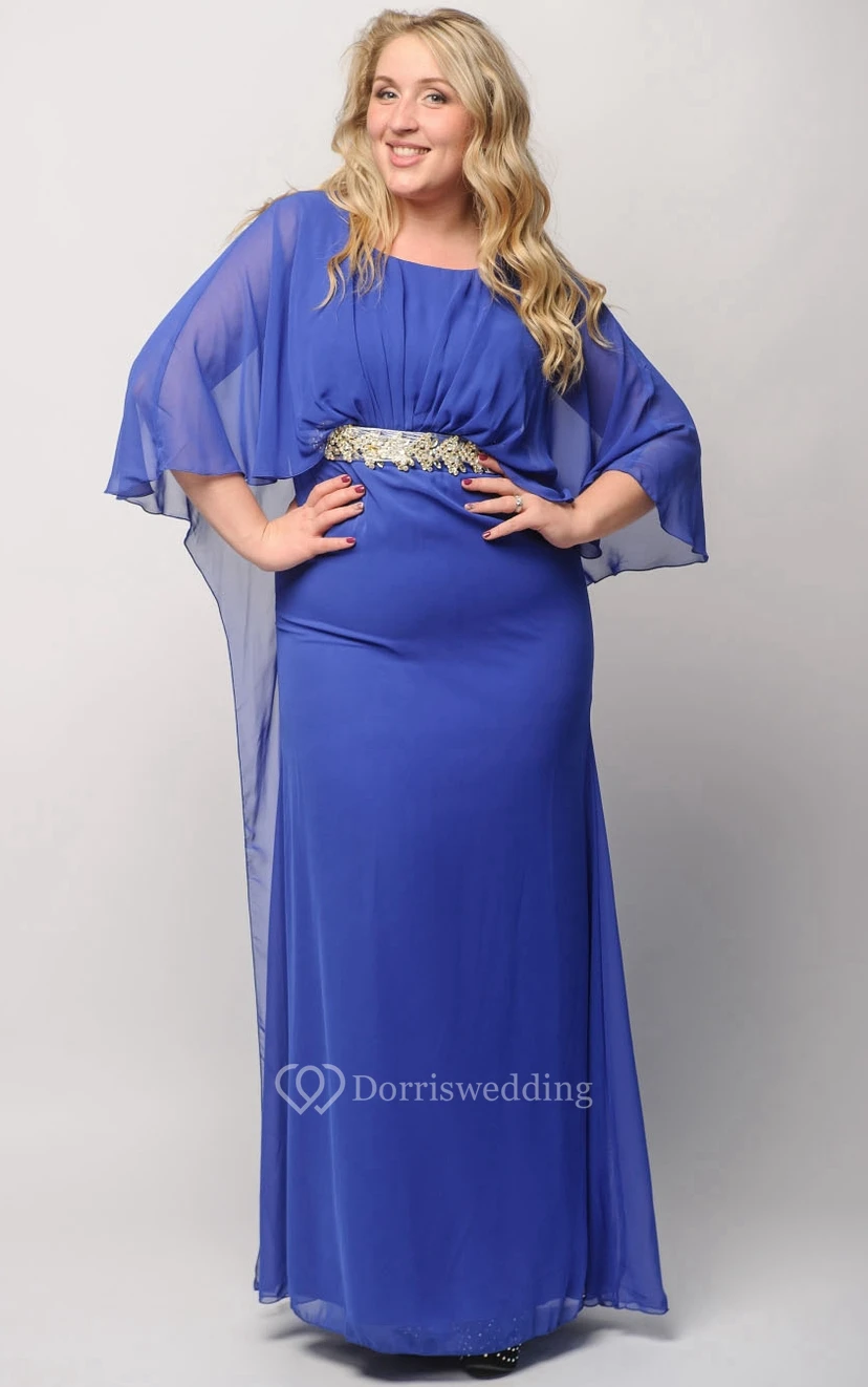 Etuikleid, bodenlang, mit langen Ärmeln, Empire-Stil, Chiffon, Falten, Perlenstickerei und Reißverschluss