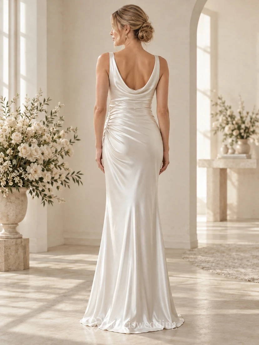 Robe de mariée de maternité simple à col bénitier en satin sans manches, cintrée et longue au sol view 2