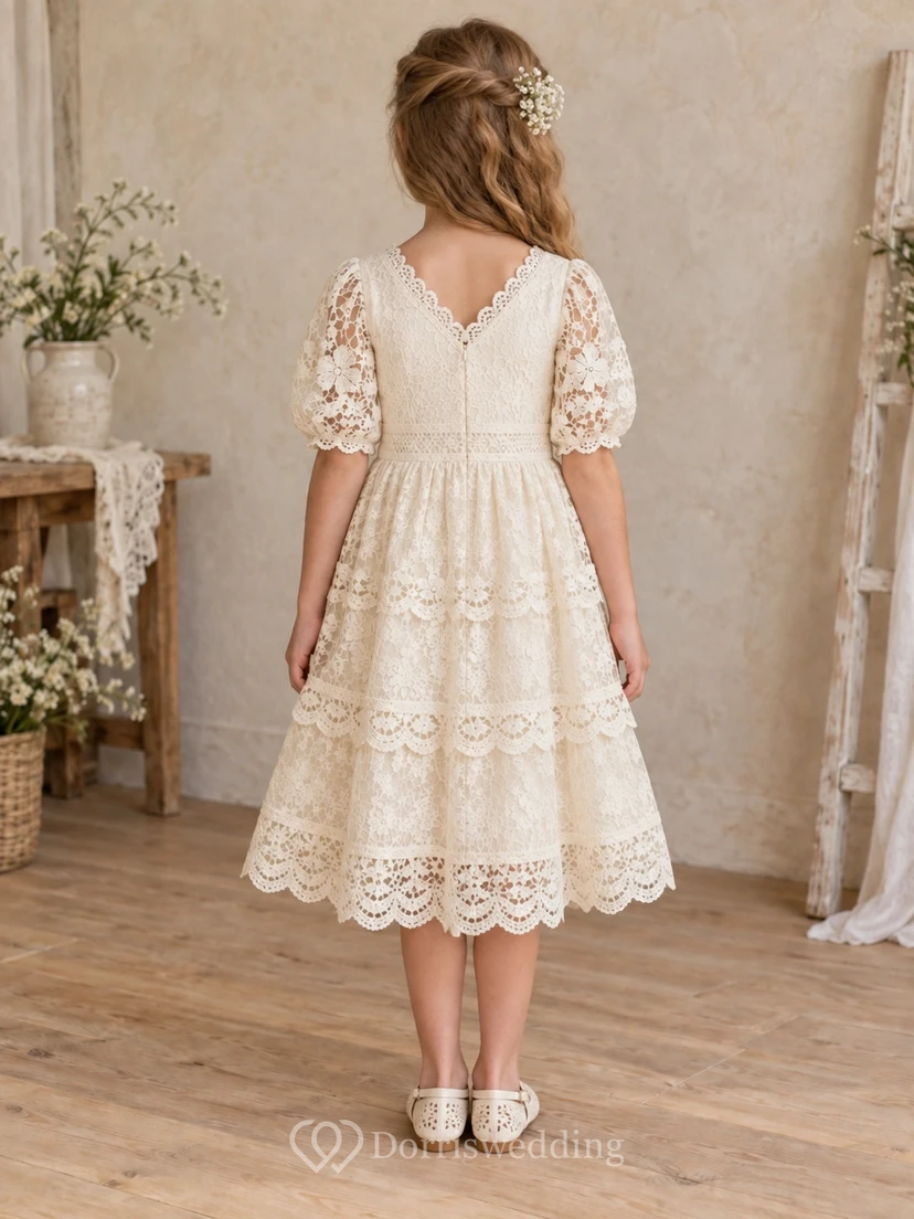 Boho Vintage Tea-length Ivory V-neck Scalloped Sleeve Tiered Lace Flower Girl Dress view 2